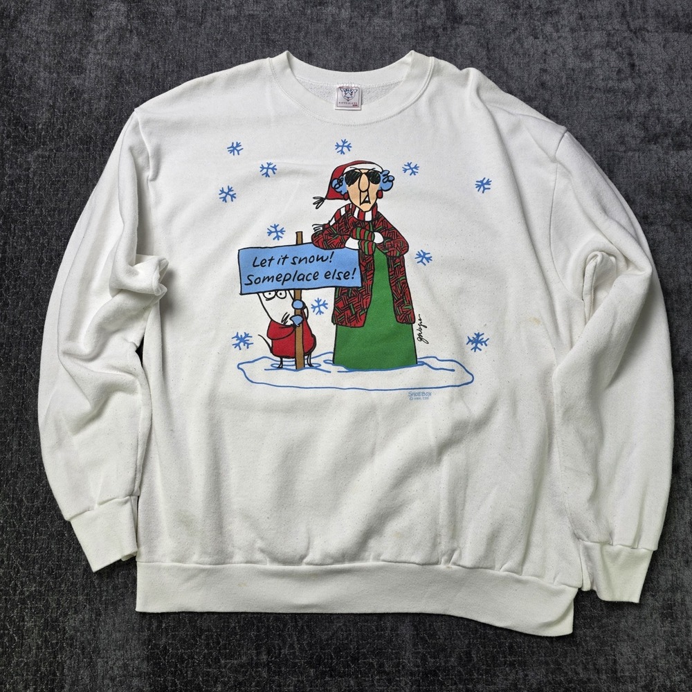 Vtg 90s Maxine Christmas Sweater XL Let It Snow Funny Comic Delta USA White